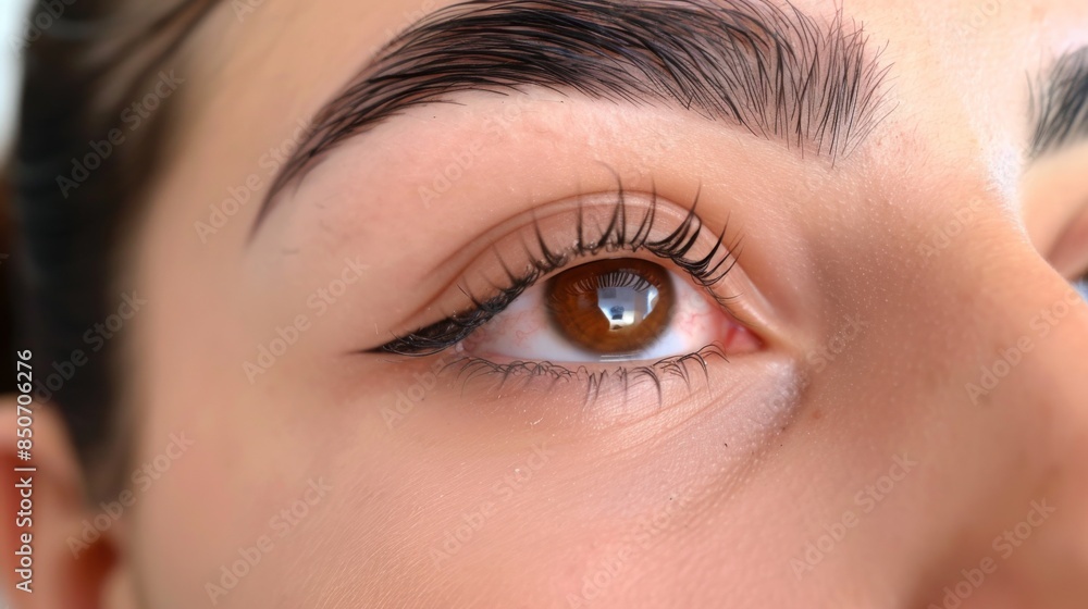 Close-up of a woman's perfectly groomed eyebrows with natural shape and definition Close-up of a woman's perfectly groomed eyebrows with natural shape and definition
