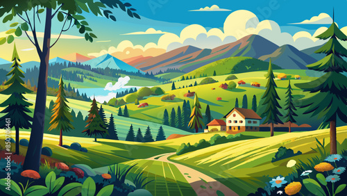 Summer trees and pasture in a beautiful mountain landscape. Summer landscape 
