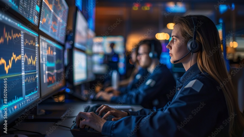 A woman wearing a headset is working on a computer with several monitors A woman wearing a headset is working on a computer with several monitors