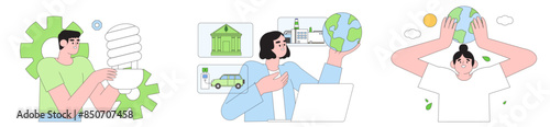ESG, green energy, sustainable industry or ecological production integration concept set. Environmental, Social, Corporate Governance vector illustration. Eco activists with laptop hold earth.