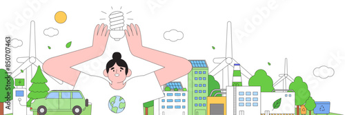 Eco-friendly city and people hold energy saving light bulb and care about environment. Ecological awareness, esg, sustainable lifestyle. Environmental, Social, Corporate Governance vector illustration