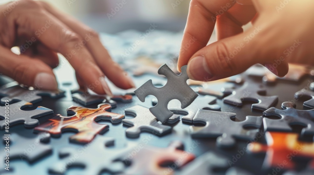 Close-up of hands assembling a puzzle, with pieces coming together to form a complete picture Close-up of hands assembling a puzzle, with pieces coming together to form a complete picture