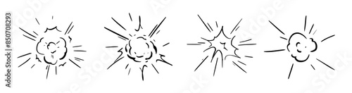 Radial explosion vector illustration. Exploding bursts, round explosions cloud and exploded bomb comic book or manga effect. Explosion burst dust, power bombs explode. Isolated cartoon graphic set.