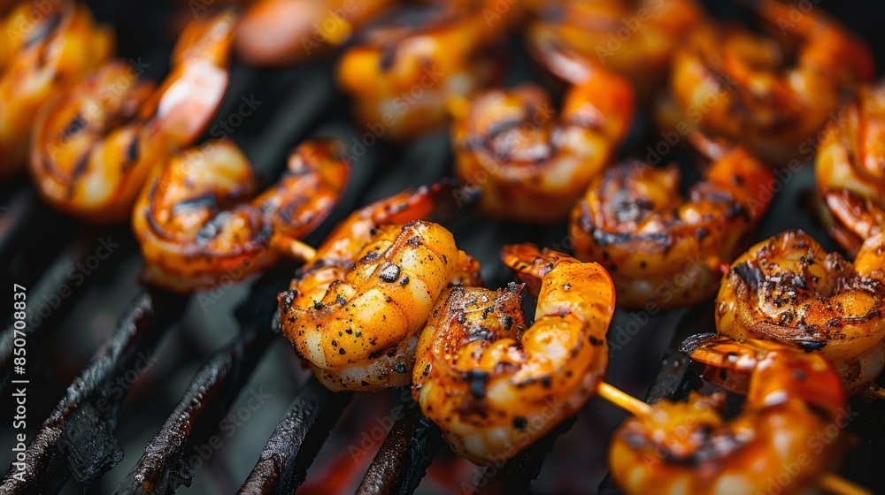 Close-up of succulent grilled shrimp skewers on a barbecue grill, charred and seasoned to perfection Close-up of succulent grilled shrimp skewers on a barbecue grill, charred and seasoned to perfection