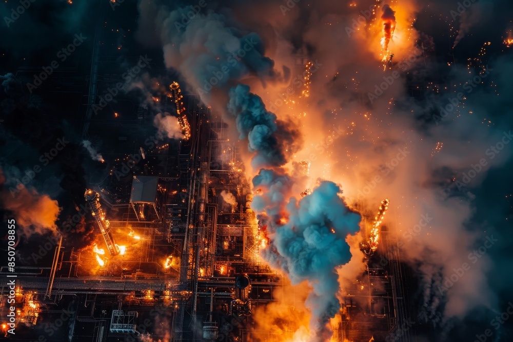 Obraz premium Aerial view of a big explosion and fire on a power plant. Stock concept.