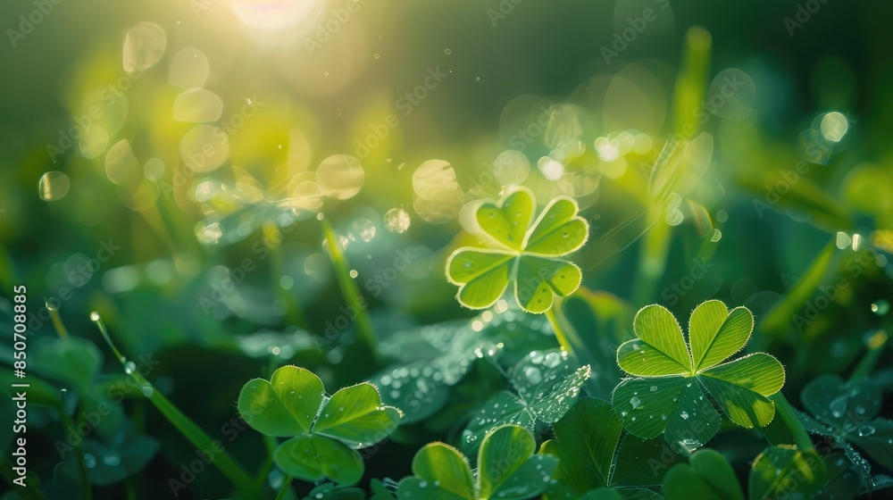 Close-up of clover leaves with a blurred field in the background Close-up of clover leaves with a blurred field in the background