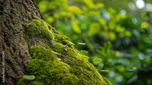 Close-up of moss-covered tree bark with leaves in the background