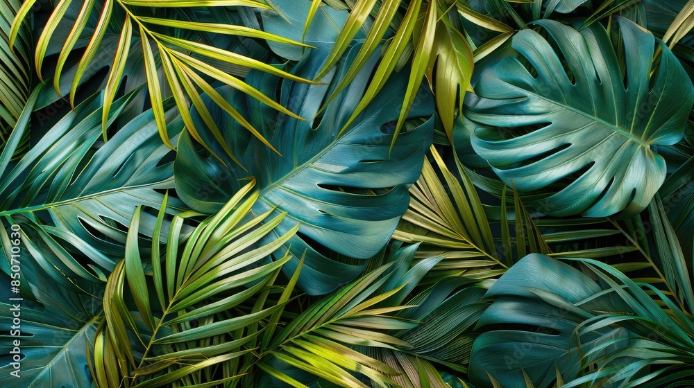 Fototapeta premium Close-up of overlapping tropical palm leaves creating a natural pattern