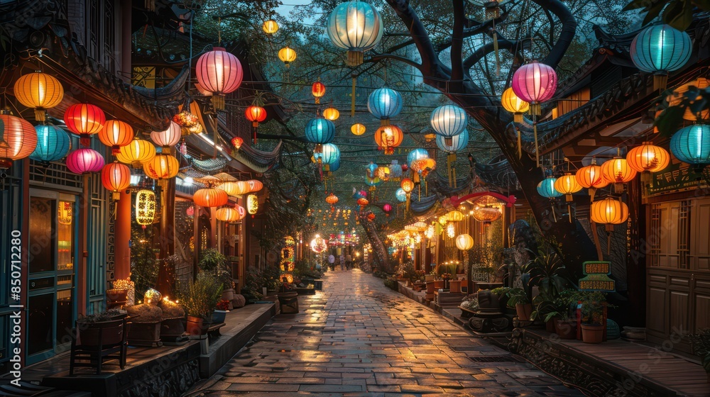 Fototapeta premium Lantern-lit streets at Lantern Festival, Taiwan.