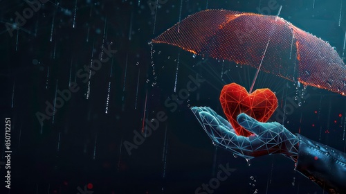 Futuristic health insurance concept with glowing low polygonal human hand,red heart and umbrella.