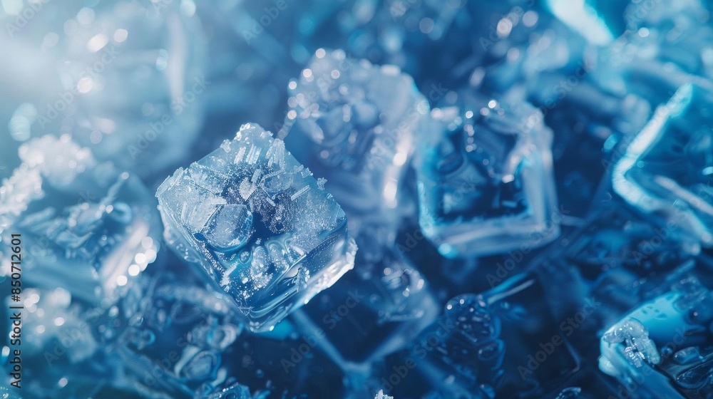 Abstract bluish background filled with scattered ice cubes, creating a visually striking and refreshing cold atmosphere Abstract bluish background filled with scattered ice cubes, creating a visually striking and refreshing cold atmosphere