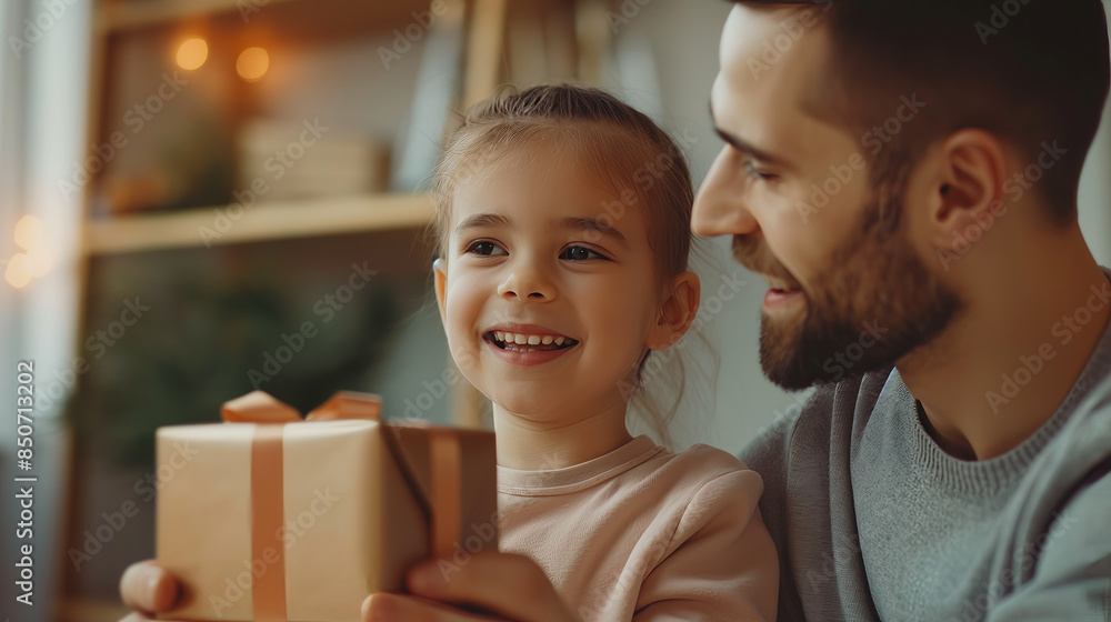 A sweet moment between a father and his daughter as they share a gift. The father's face lights up with joy, while the daughter looks on with pride and happiness, symbolizing family love A sweet moment between a father and his daughter as they share a gift. The father's face lights up with joy, while the daughter looks on with pride and happiness, symbolizing family love