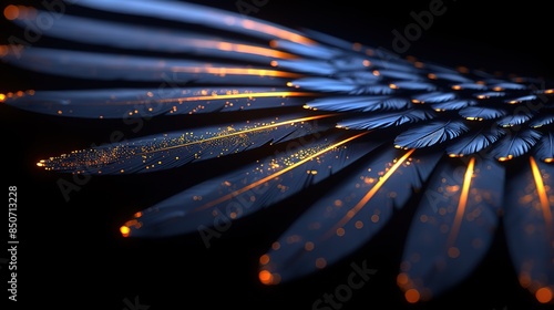 Illustration of shining gold textured blue bird feathers on a black background