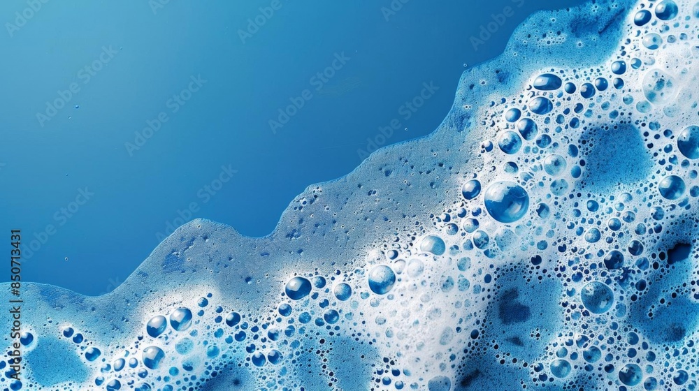 Closeup of detergent foam bubbles on a vibrant blue background, showcasing the intricate texture and reflections, with ample copy space for text or design elements Closeup of detergent foam bubbles on a vibrant blue background, showcasing the intricate texture and reflections, with ample copy space for text or design elements