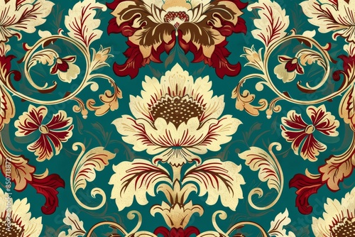 An old style floral and paisley pattern in the style of ancient persian art in blue and red colors.