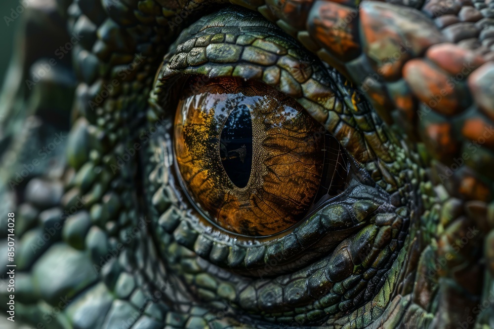 Fototapeta premium Macro photo capturing the intricate detail and rich color of a reptile's eye, reflecting the environment