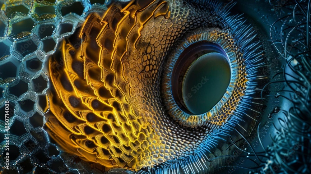 Gnat Microscope Detailed view of an insects compound eye under a microscope, showcasing ...