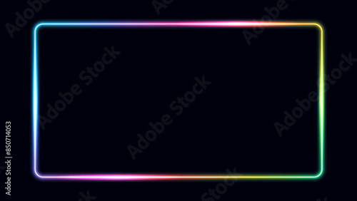 Rainbow rectangle neon frame border, light sign box with 15:8scale ratio for web presentation, thumbnail, banner, 16:9 work project, vector illustration.