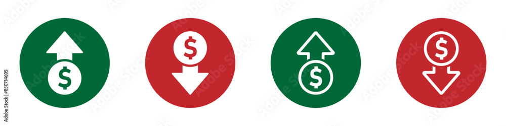 Dollar increase and decrease vector icons. ost increase and decrease vector signs Dollar increase and decrease vector icons. ost increase and decrease vector signs