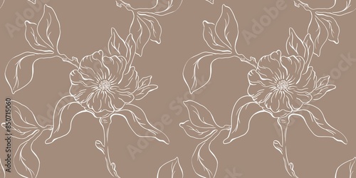 A seamless, endlessly repeating pattern of flowers in light brown, ideal for textiles