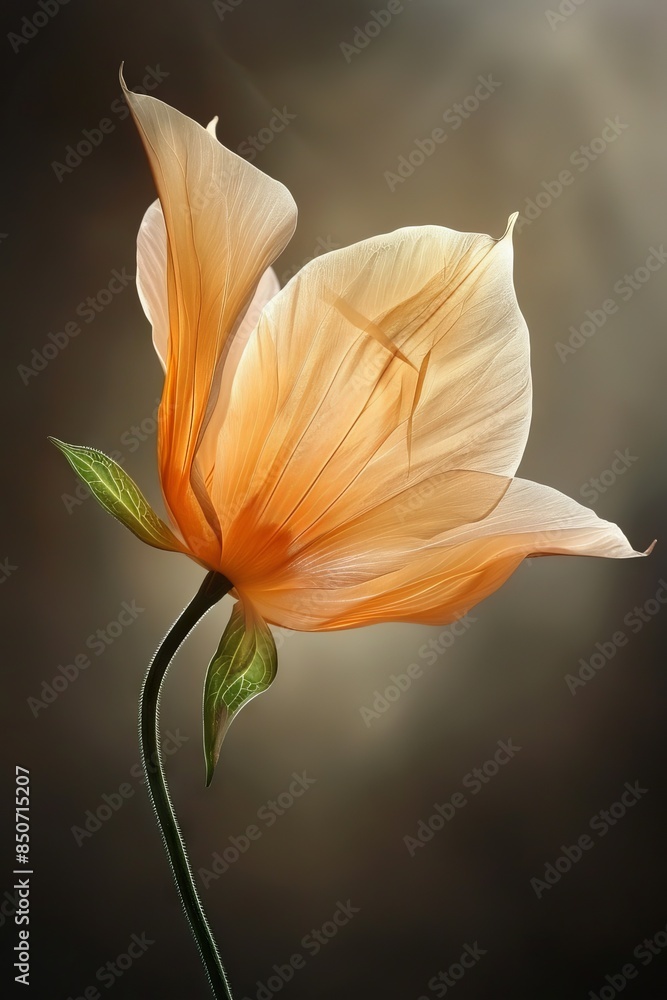 An orange flower in full bloom against a blurred dark background. The flower has delicate petals with green leaves at the base. An orange flower in full bloom against a blurred dark background. The flower has delicate petals with green leaves at the base.