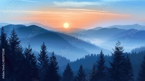 Sunset surrounded by misty mountains Calm blue landscape featuring pine tree silhouettes