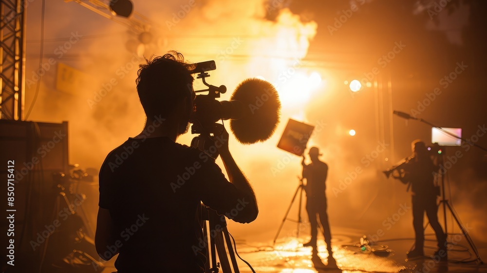 Fototapeta premium Silhouette of a boom operator holding a microphone above a scene