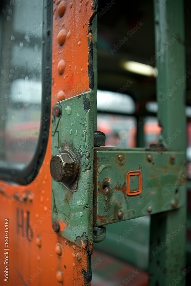 metal door of an old vehicle with peeling green and orange paint, raindrops and rivets. metal door of an old vehicle with peeling green and orange paint, raindrops and rivets.