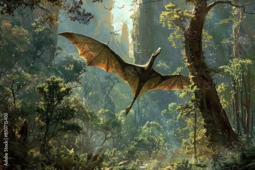 Digital art of a pterosaur flying amidst lush prehistoric vegetation photo