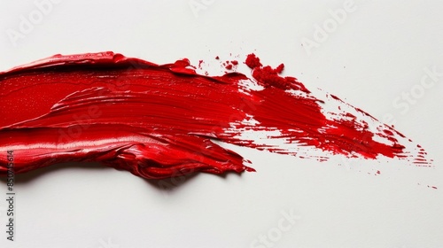 Red lipstick smear on a white background, showcasing the creamy texture and vivid color of the lipstick in a bold, artistic manner