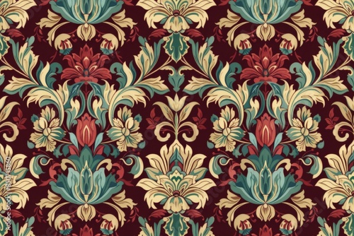 An old style floral and paisley pattern in the style of ancient persian art in blue and red colors.
