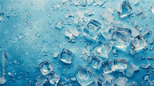 Top view of ice cubes on a frosty bluish background, capturing the essence of coldness and the crisp, refreshing feel of frozen water photo