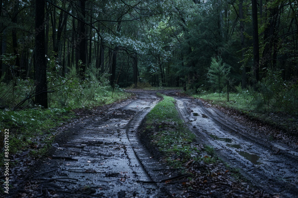 Serene, moody shot of a wet trail winding through a dark, misty forest Serene, moody shot of a wet trail winding through a dark, misty forest