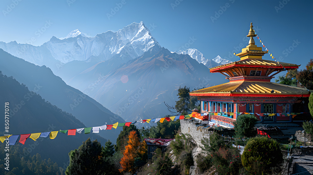 A scenic Nepalese trekking route leading to the Everest Base Camp with majestic mountains, colorful prayer flags, and local culture. A scenic Nepalese trekking route leading to the Everest Base Camp with majestic mountains, colorful prayer flags, and local culture.