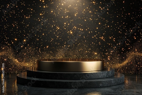 Black podium product stage with spotlight and golden glitter backgroundhigh photo