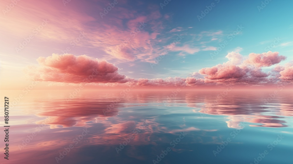 Fototapeta premium Spectacular abstract image of a scenic calm ocean, sunrise sky reflecting in the water. Sunset and natural. Digital art 3D illustration.
