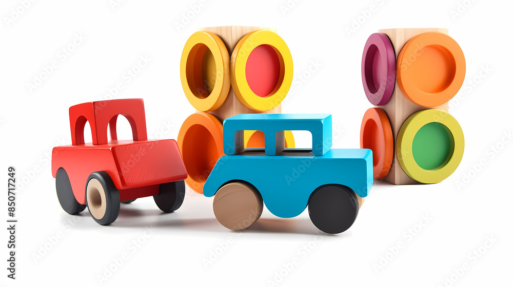 Naklejka premium Set of 3 colorful classic toddler cutout or child's toys of car wheels, xylophone and geometric cubes isolated on white.