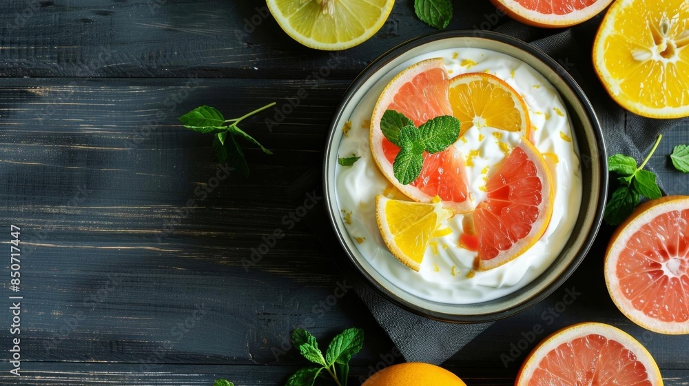 Top view of yogurt with a vibrant mix of citrus fruits, including orange slices and grapefruit, on a dark wooden background Top view of yogurt with a vibrant mix of citrus fruits, including orange slices and grapefruit, on a dark wooden background