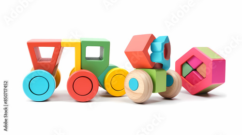 Set of 3 colorful classic toddler cutout or child's toys of car wheels, xylophone and geometric cubes isolated on white.