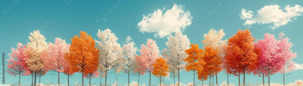 A Beautiful Array of Colourful Autumn Trees Under a Bright Blue Sky with Fluffy White Clouds, Scenic Nature Photography, Vibrant Foliage Capturing the Essence of Seasonal Change in Autumn A Beautiful Array of Colourful Autumn Trees Under a Bright Blue Sky with Fluffy White Clouds, Scenic Nature Photography, Vibrant Foliage Capturing the Essence of Seasonal Change in Autumn