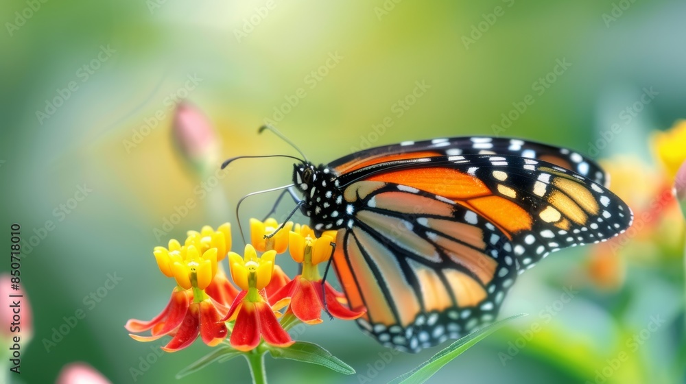 Monarch Butterfly Feeding On Yellow Flowers In A Garden Monarch Butterfly Feeding On Yellow Flowers In A Garden