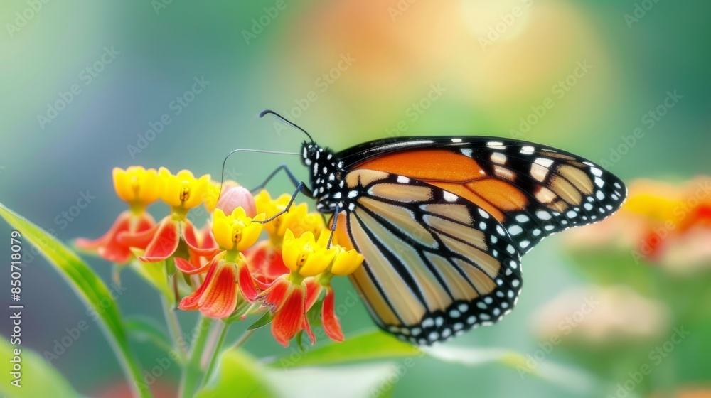 Fototapeta premium Monarch Butterfly Feeding On Yellow And Red Flowers In A Garden