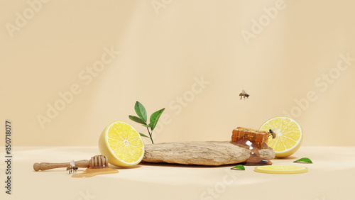 3D rendering illustration of honey and lemon on an empty space rock podium display, designed for product mockup background showcasing merchandise in a landscape setting.