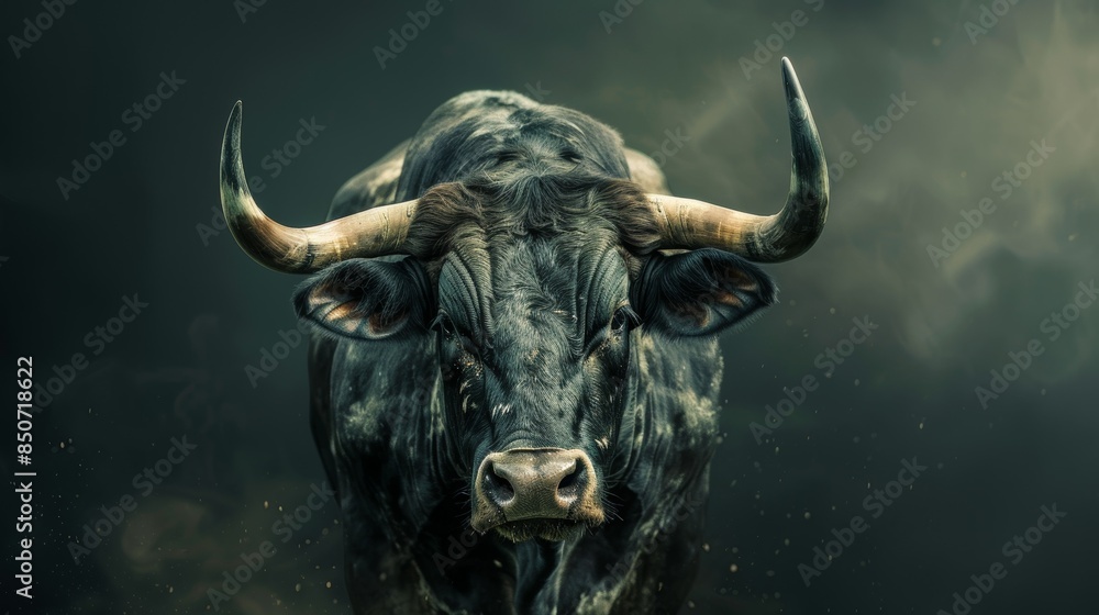Close Up Portrait of a Black Bull With Long Horns in a Natural Setting Close Up Portrait of a Black Bull With Long Horns in a Natural Setting