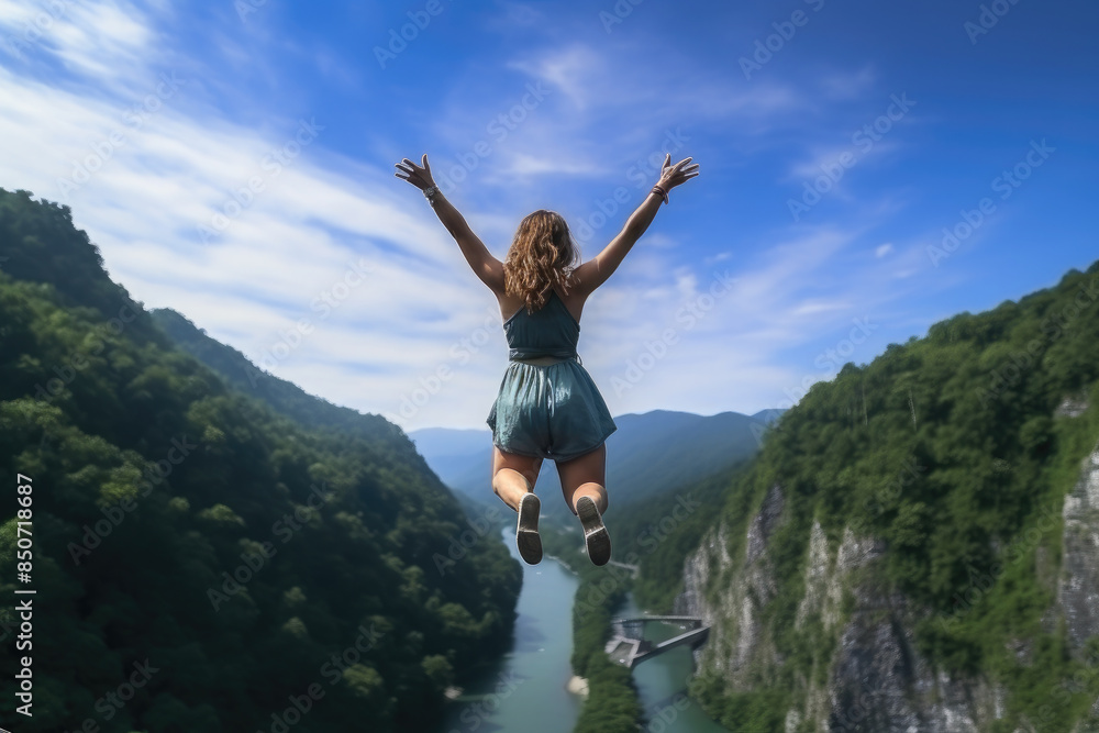 Bungie jumping. The girl overcomes her fear and jumps from a great height to the bottom. Extreme sport Bungie jumping. The girl overcomes her fear and jumps from a great height to the bottom. Extreme sport