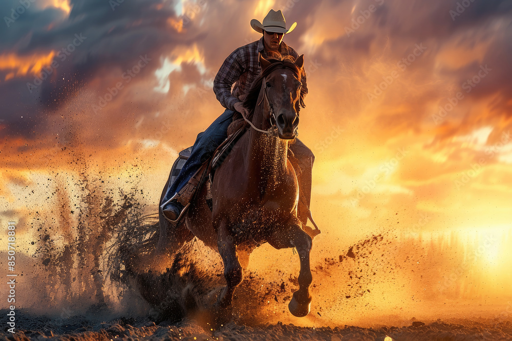 Fototapeta premium Rodeo horse. The cowboy beautifully saddled and tamed the horse in the arena. Traditional extreme sport.
