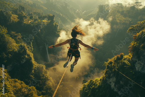 Bungie jumping. The girl overcomes her fear and jumps from a great height to the bottom. Extreme sport