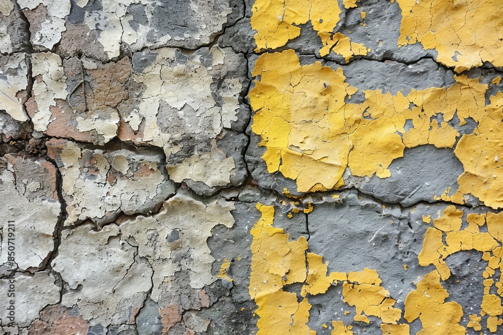 Fototapeta premium A distressed wall with peeling yellow and gray paint, a textured and rough effect. Copy space banner