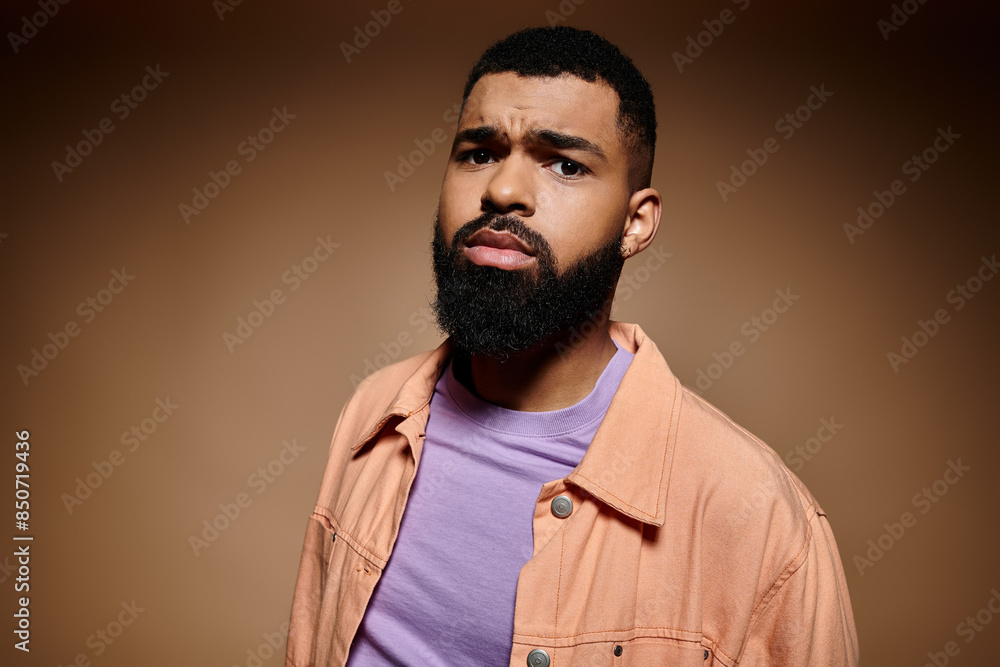 Obraz premium Handsome African American man with beard poses in vibrant orange jacket.