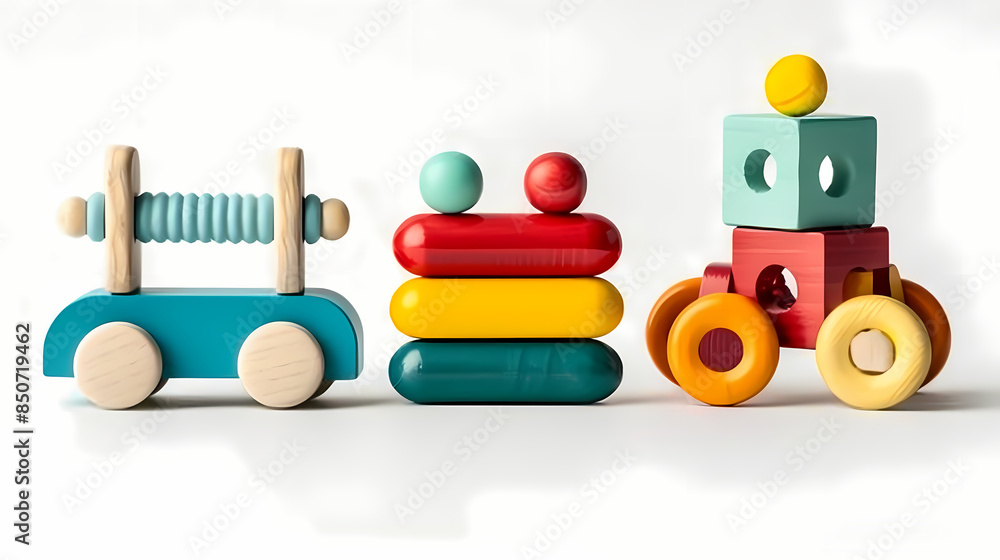 Obraz premium Set of 3 colorful classic toddler cutout or child's toys of car wheels, xylophone and geometric cubes isolated on white.